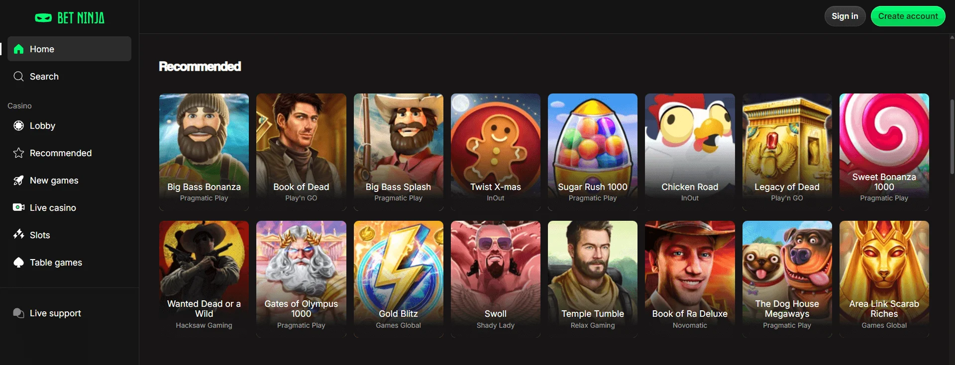 BetNinja frontpage with most popular pokies