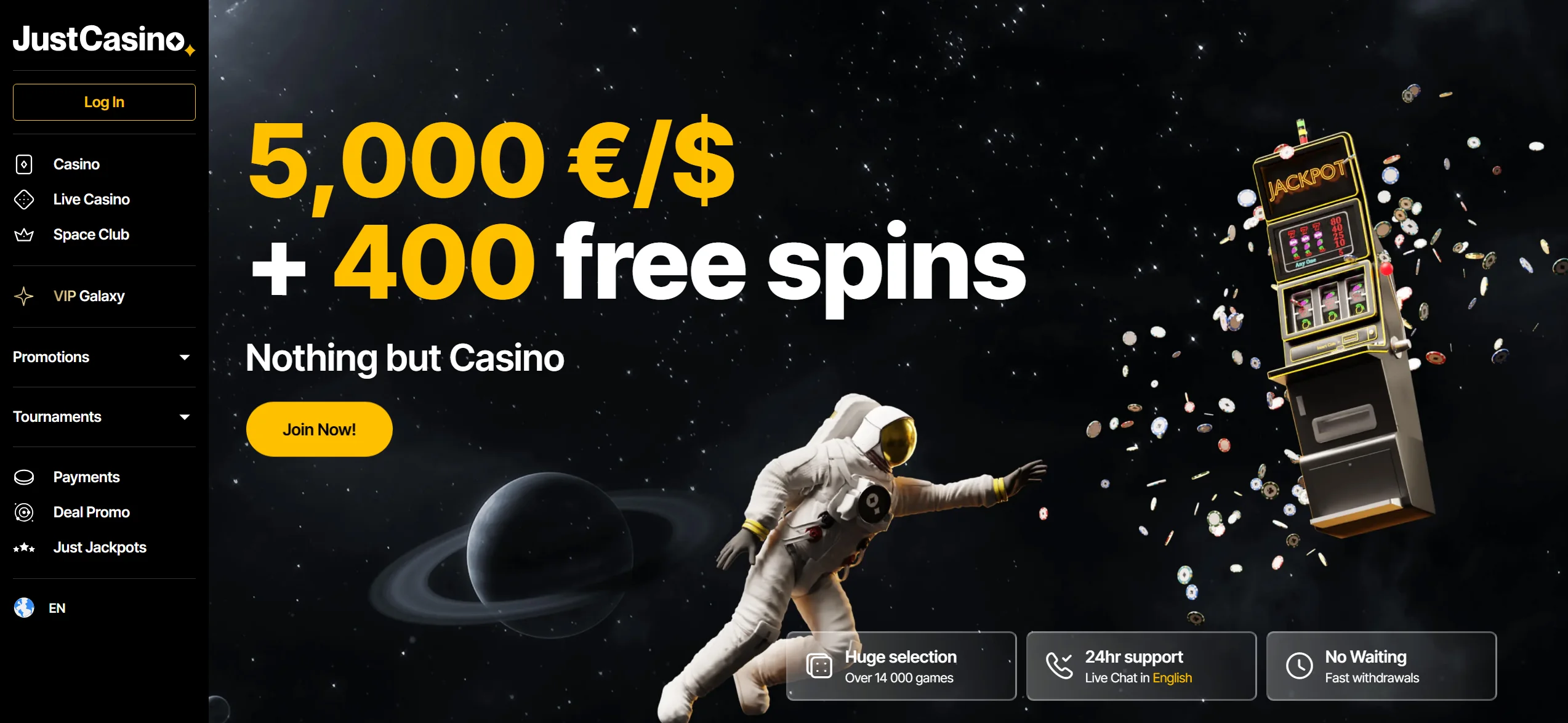 JustCasino frontpage with big bonus and game selection