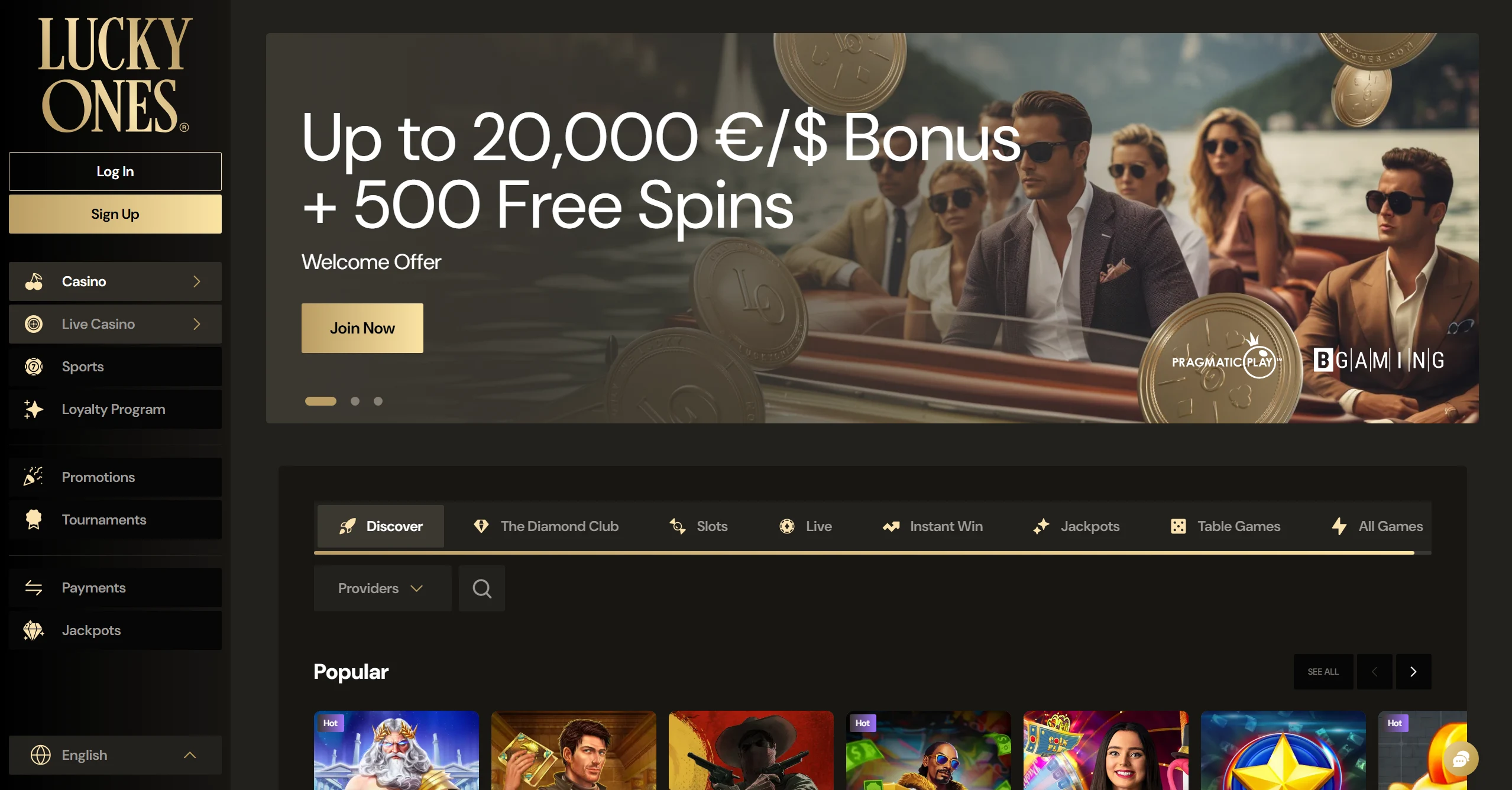 LuckyOnes frontpage with huge bonus and 500 free spins