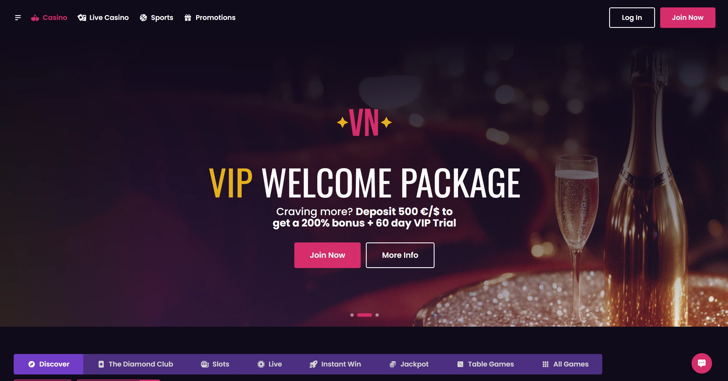 Vegas Now frontpage with massive VIP package for new users